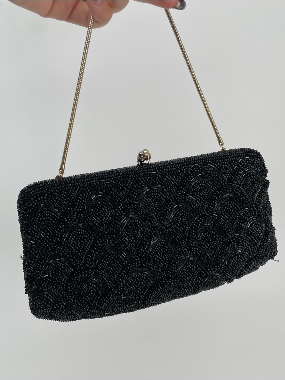 Vintage Fully Beaded Black Evening Bag With Gold Metal Strap Made In Japan